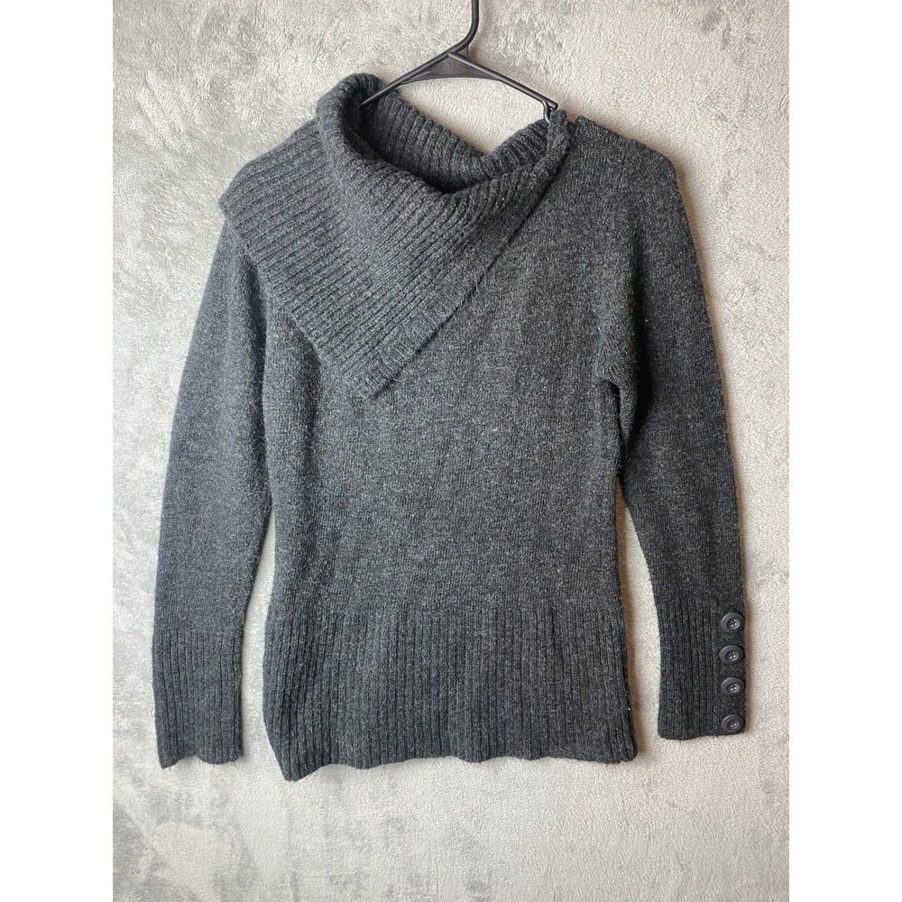 Vanity‎ Gray Women's L Sweater Ribbed Cowl Neck Button Sleeve Detail